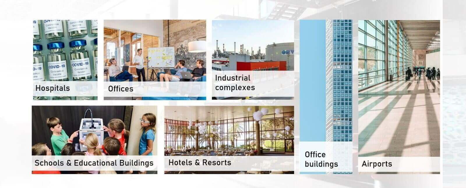 Smart Building Solutions zijn geschikt voor ziekenhuizen, kantoren, industriële complexen en fabrieken, scholen, hotels en luchthavens